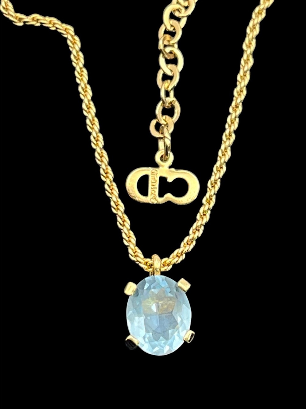 Christian Dior gold tone rope chain necklace w blue oval pendant vintage